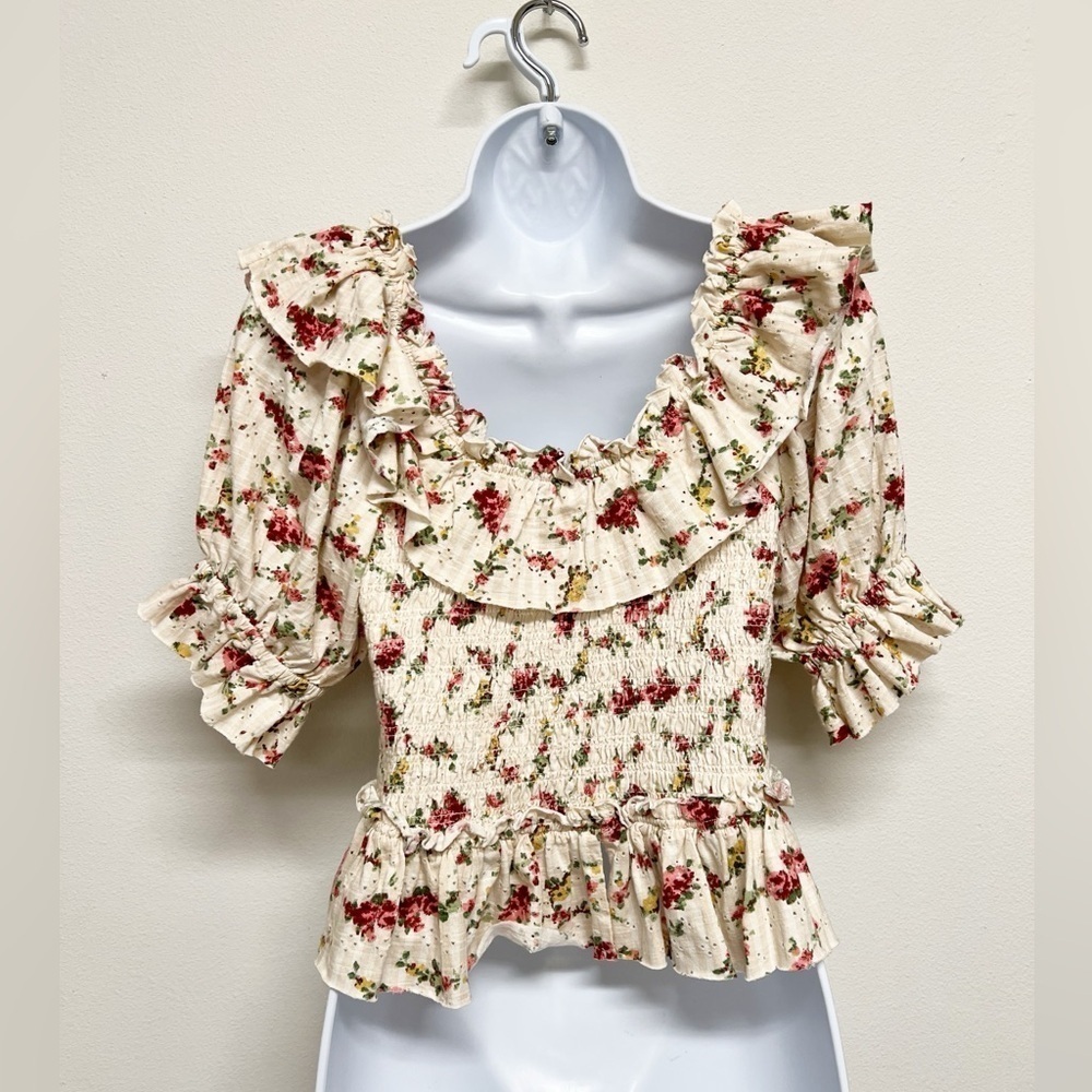 Free People Womens Striped Floral Eyelet Jersey Ruffle Favorite Girl Top Size XS - Picture 4 of 10